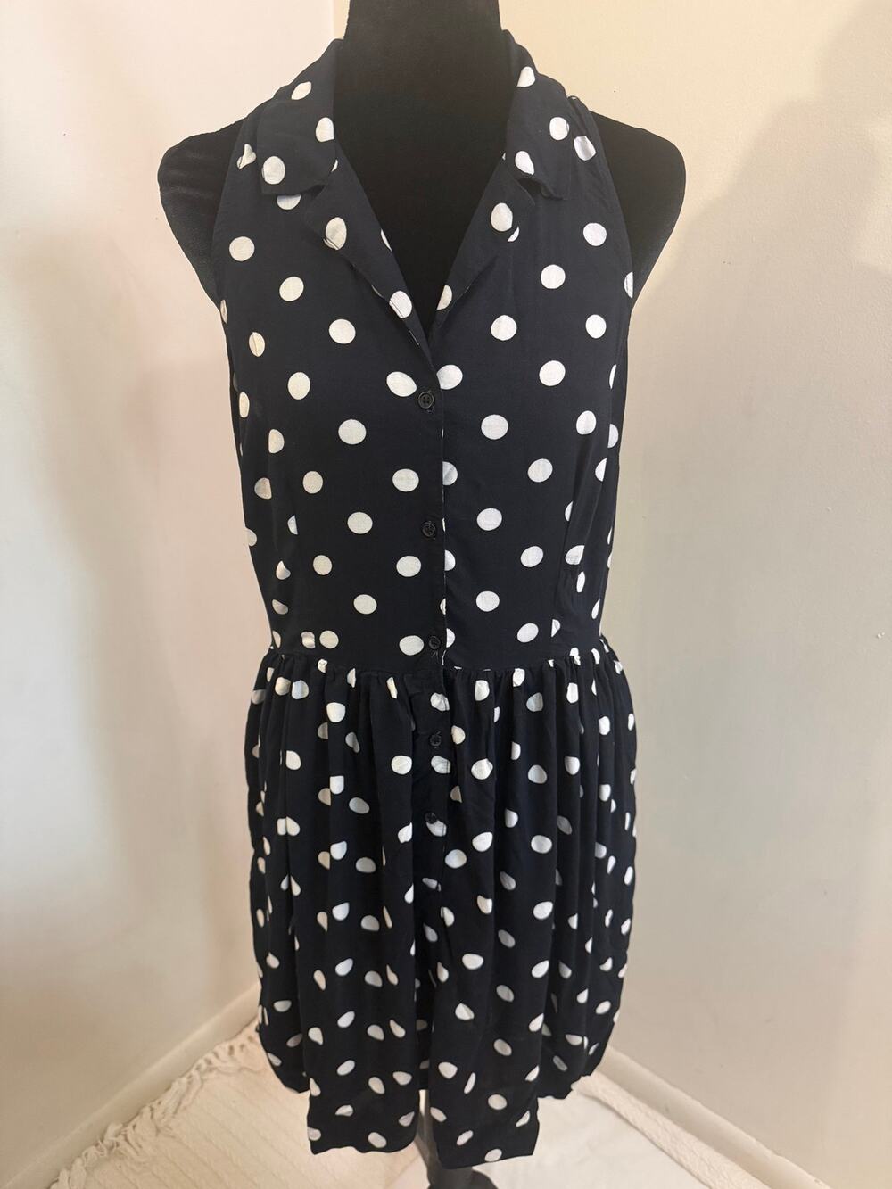 Xhilaration Black White Polka Dot Dress Button Front Retro